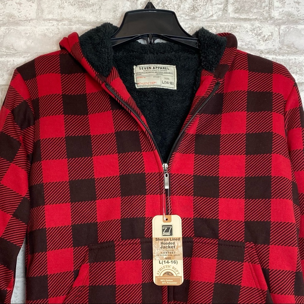 NEW  Seven Apparel   Red and Black Check Jacket w/Hood  Sherpa Lined   L (14/16) - Picture 7 of 10